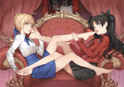 Rule 34 | 2girls, ahoge, archer (fate), artoria pendragon (all), artoria pendragon (fate), bare legs, barefoot, black hair, blonde hair, braid, breasts, couch, dress, fate/stay night, fate (series), feet, foot on head, foot worship, green eyes, haijin, hair bun, hair ribbon, hands on feet, holding another&#039;s foot, licking, licking foot, long hair, long legs, medium breasts, multiple girls, mutual foot licking, no legwear, open mouth, ponytail, popoccpo, ribbon, saber (fate), single hair bun, sitting, skirt, sweater, toe sucking, toes, tohsaka rin, tongue, tongue out, twintails, two side up, yuri