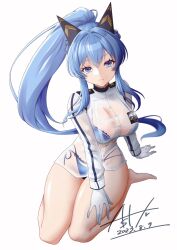 Rule 34 | 1girl, arm support, bikini, bikini under clothes, blue bikini, blue eyes, blue hair, braid, breasts, closed mouth, dated, frown, gloves, goddess of victory: nikke, hair intakes, hand on own thigh, headgear, helm (aqua marine) (nikke), helm (nikke), highres, large breasts, long hair, looking at viewer, official alternate costume, ponytail, see-through, see-through shirt, shirt, side-tie bikini bottom, signature, simple background, sitting, solo, swimsuit, v kamokawa117 v, wet, wet clothes, wet shirt, white background, white gloves, white shirt