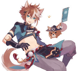 Rule 34 | 1boy, absurdres, animal ears, armor, black gloves, blue eyes, brown hair, commentary, dog, dog boy, dog ears, genshin impact, gloves, gorou (genshin impact), highres, japanese armor, japanese clothes, male focus, midriff, multicolored hair, ogawa 32, open mouth, smile, solo, streaked hair, white background