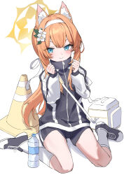 Rule 34 | 1girl, absurdres, animal ear fluff, animal ears, bag, black jacket, blue archive, blue eyes, blunt bangs, blush, bottle, clenched hands, closed mouth, cooler, flower, full body, ganbaru pose, gym shorts, gym uniform, hair flower, hair ornament, hair ribbon, hairband, halo, hands up, haruyuki (gffewuoutgblubh), high collar, highres, jacket, kneehighs, long hair, long sleeves, looking at viewer, mari (blue archive), mari (track) (blue archive), multicolored clothes, multicolored jacket, official alternate costume, on ground, orange hair, ponytail, ribbon, shoes, shorts, shoulder bag, simple background, sitting, smile, sneakers, socks, solo, track jacket, traffic cone, two-tone jacket, v-shaped eyebrows, wariza, water bottle, white background, white bag, white flower, white hairband, white jacket, white ribbon, white socks, zipper