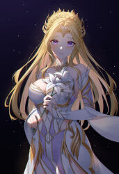 Rule 34 | 1girl, artist request, bare shoulders, black background, blonde hair, blush, braid, breasts, closed mouth, dark, detached collar, douluo dalu, dress, flower, hair ornament, highres, holding, holding flower, large breasts, light particles, long hair, purple eyes, qian renxue (douluo dalu), second-party source, smile, solo, upper body, white dress, white flower