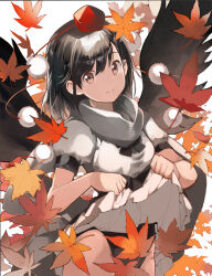 Rule 34 | 1girl, asakura maru, autumn, autumn leaves, black hair, black panties, black skirt, black wings, blush, breasts, brown eyes, closed mouth, clothes lift, cowboy shot, falling leaves, hat, highres, holding, leaf, leaf on head, lifting own clothes, looking at viewer, maple leaf, medium breasts, panties, pom pom (clothes), puffy short sleeves, puffy sleeves, red hat, shameimaru aya, shirt, short hair, short sleeves, simple background, skirt, skirt hold, skirt lift, smile, solo, standing, tokin hat, touhou, underwear, white shirt, wings