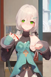 Rule 34 | 1girl, absurdres, areola slip, blush, breasts, brown hair, c1718259, clothing cutout, covering nipples, covering one nipple, covering privates, dress, green dress, green eyes, hair ornament, hairclip, hands up, highres, honkai: star rail, honkai (series), layered sleeves, long hair, long sleeves, looking at viewer, low twintails, one breast out, outdoors, photo (object), qingque (honkai: star rail), shoulder cutout, small breasts, smile, twintails, upper body