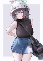 Rule 34 | 1girl, absurdres, arms behind back, bag, blue archive, bob cut, breasts, closed mouth, collarbone, ears, green eyes, grey background, halo, helmet, highres, large breasts, light blush, looking at viewer, nagata gata, nose, pleated skirt, purple hair, saki (blue archive), satchel, shirt, simple background, skirt, sleeveless, sleeveless shirt, thighs, turtleneck, unworn clothes, white background