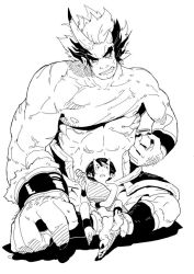 Rule 34 | 2boys, bottle, choko (cup), cup, fang, father and son, full body, grin, horns, image sample, male focus, monochrome, monster boy, multiple boys, muscular, oni, original, pointy ears, sake bottle, topless male, size difference, smile, traditional youkai, zngo