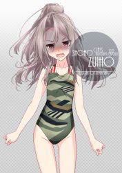 Rule 34 | 1girl, artist name, blush, brown eyes, camouflage, camouflage swimsuit, character name, checkered background, collarbone, commentary request, cowboy shot, eyes visible through hair, flat chest, forehead, gradient background, green one-piece swimsuit, grey background, grey hair, hair between eyes, hair intakes, high ponytail, highres, inaba shiki, kantai collection, long hair, looking at viewer, multicolored clothes, multicolored swimsuit, one-piece swimsuit, open mouth, shaded face, simple background, solo, swimsuit, tearing up, tears, zuihou (kancolle)