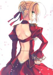 Rule 34 | 1girl, absurdres, ahoge, ass, backless outfit, blonde hair, braid, braided bun, butt crack, fate/extra, fate (series), from behind, green eyes, hair bun, hair ribbon, hand on own hip, highres, long sleeves, looking at viewer, looking back, nero claudius (fate), nero claudius (fate) (all), nero claudius (fate/extra), parted lips, red ribbon, red skirt, red sleeves, ribbon, short hair, shrug (clothing), skirt, solo, standing, toosaka asagi, white background