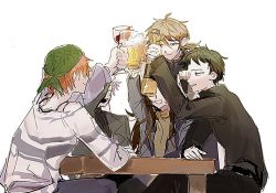 Rule 34 | 1girl, 4boys, ahoge, alcohol, annie (saibou shinkyoku), bandana, beer, belt, black jacket, black pants, black sweater, blonde hair, blue pants, bottle, brown hair, chikkong, closed mouth, commentary request, cup, dreyfus zweig, drinking glass, closed eyes, green bandana, green hair, grey jacket, harada minoru, high collar, isoi reiji, jacket, korean commentary, long hair, multiple boys, open mouth, pants, saibou shinkyoku, shirt, short hair, sitting, sketch, smile, suit jacket, sweat, sweater, table, theodore riddle, turtleneck, turtleneck sweater, white background, white shirt, wine, wine bottle, wine glass, yellow sweater