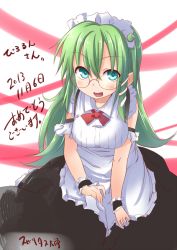 Rule 34 | 1girl, alternate costume, apron, bespectacled, blush, breasts, enmaided, frog hair ornament, glasses, green eyes, green hair, hair ornament, image sample, kochiya sanae, large breasts, long hair, maid, maid apron, maid headdress, matching hair/eyes, open mouth, sitting, skirt, smile, snake hair ornament, solo, spirytus tarou, text focus, touhou