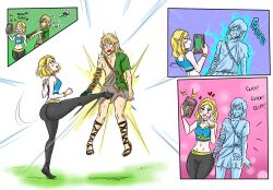 Rule 34 | 1boy, 1girl, ass, ball busting, bdsm, bracelet, breasts, cbt, crop top, crotch kick, english text, happy, heart, jewelry, kicking, leggings, link, midriff, navel, nintendo, ocigart, open mouth, princess zelda, selfie, short hair, small breasts, smile, standing, standing on one leg, the legend of zelda, the legend of zelda: breath of the wild, v