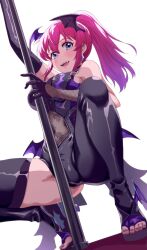 Rule 34 | 1girl, arm up, bare shoulders, black gloves, blue eyes, blush, breasts, demon wings, elbow gloves, fangs, fishnets, gloves, head wings, high heels, highres, holding, holding pole, idolmaster, idolmaster million live!, long hair, looking at viewer, medium breasts, nail polish, open mouth, pink hair, pole, pole dancing, ponytail, run p (aveton), satake minako, see-through, shoes, simple background, smile, solo, spread legs, squatting, stripper pole, thighhighs, thighs, toeless footwear, toeless legwear, toenail polish, toenails, white background, wings