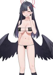 Rule 34 | 1girl, absurdres, bare arms, bare shoulders, bikini, black bikini, black hair, black socks, black wings, blue archive, blush, breasts, closed eyes, clothes writing, collarbone, feet out of frame, fffukuzawa, hair ornament, hairclip, halo, highres, ichika (blue archive), large breasts, long hair, navel, open mouth, red halo, socks, solo, swimsuit, wings