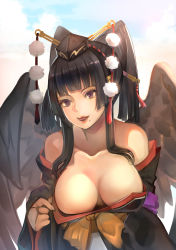 Rule 34 | 1girl, bare shoulders, black hair, black wings, blue sky, blunt bangs, bow, breasts, bridal gauntlets, cleavage, cloud, collarbone, day, dead or alive, dead or alive 5, detached sleeves, downblouse, eyelashes, feathered wings, female focus, hair ornament, hair stick, hat, highres, japanese clothes, kamisakai, large breasts, long hair, mole, mole under mouth, no bra, nyotengu, obi, open mouth, pom pom (clothes), purple eyes, red lips, sash, sky, smile, solo, striped, tassel, tokin hat, tongue, twintails, upper body, wings
