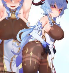 Rule 34 | 1girl, armpits, bell, black gloves, blue hair, blush, bodysuit, bodysuit under clothes, breasts, brown bodysuit, cowbell, detached sleeves, ganyu (genshin impact), genshin impact, gloves, goat horns, horns, jtveemo, large breasts, long hair, pelvic curtain, pink eyes, solo, sweat, thighs, white background