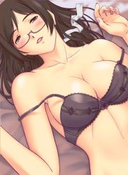 Rule 34 | 1girl, bra, breasts, brown eyes, brown hair, glasses, holon, large breasts, lingerie, lying, non-web source, r1, real drive, solo, third-party edit, underwear