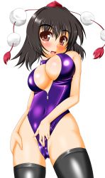 Rule 34 | 1boy, 1girl, bad id, bad pixiv id, black hair, blush, breasts, cleavage, covered navel, front zipper swimsuit, hat, highres, looking at viewer, meme attire, one-piece swimsuit, open mouth, red eyes, shameimaru aya, short hair, smile, swimsuit, tera hiroshi, thighhighs, tokin hat, touhou