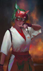 Rule 34 | 1girl, absurdres, arm at side, blurry, blurry background, breasts, commentary request, cowboy shot, facial mark, finger to mouth, fingerless gloves, fingernails, fire, fox mask, gloves, glowing, glowing eyes, green eyes, green hair, hair between eyes, hakama, hakama skirt, half mask, high ponytail, highres, japanese clothes, kimono, kiriko (overwatch), lips, looking at viewer, mask, mask on head, medium breasts, messy hair, miko, nose, overwatch, overwatch 2, parted lips, realistic, red gloves, red hakama, short hair, short sleeves, skirt, smoke, white kimono, wiping mouth, xianggang jizhe