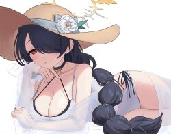 Rule 34 | 1girl, 5uj0, :o, black hair, blue archive, blush, braid, braided ponytail, breasts, brown hat, choker, cleavage, hair over one eye, halo, hat, highres, hinata (blue archive), hinata (swimsuit) (blue archive), large breasts, long hair, looking at viewer, lying, on side, one-piece swimsuit, red eyes, simple background, solo, sun hat, swimsuit, swimsuit cover-up, very long hair, white background