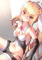 Rule 34 | 1girl, absurdres, ahoge, azur lane, bare shoulders, black gloves, blonde hair, blush, bow, braid, breasts, closed mouth, commentary, cowboy shot, crescent (azur lane), crossed bangs, detached collar, dutch angle, elbow gloves, frills, gloves, hair between eyes, hair ornament, hair ribbon, highres, leotard, long hair, looking at viewer, maid headdress, midriff, navel, ogamaru, panties, playboy bunny, red bow, red eyes, revealing clothes, ribbon, short shorts, shorts, small breasts, solo, string panties, thick eyelashes, tress ribbon, underwear, v-shaped eyebrows, wavy mouth
