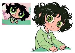 Rule 34 | 1girl, black hair, bright pupils, buttercup (ppg), buttercup redraw challenge (meme), closed mouth, green eyes, green pajamas, long sleeves, looking at viewer, meme, messy hair, pajamas, powerpuff girls, reference inset, screenshot inset, short hair, signature, simple background, smile, solo, white background, white pupils, yoineko