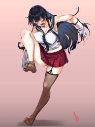 Rule 34 | 1girl, agano (kancolle), anchor symbol, artist name, asymmetrical legwear, black hair, breasts, cleavage, closed eyes, collarbone, failure, feet, full body, garter straps, gloves, gradient background, kantai collection, large breasts, leg up, long hair, necktie, open mouth, pink background, pleated skirt, red skirt, sailor collar, school uniform, serafuku, shirt, signature, single thighhigh, skirt, sleeveless, sleeveless shirt, solo, standing, standing on one leg, thighhighs, uneven legwear, white gloves, white shirt, youmou usagi