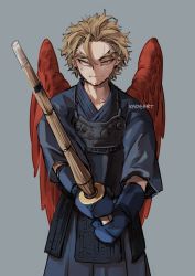 Rule 34 | 1boy, artist name, bad id, bad pixiv id, blonde hair, boku no hero academia, bougu, closed mouth, commentary, cowboy shot, facial hair, gloves, grey background, hair between eyes, hawks (boku no hero academia), holding, holding weapon, kadeart, kendo, looking at viewer, male focus, red wings, shinai, short hair, solo, sweat, sword, weapon, wings, wooden sword, yellow eyes