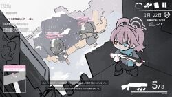 Rule 34 | 3girls, ahoge, black pantyhose, black skirt, blue archive, blue eyes, blue scarf, brown hair, cat, chibi, commentary request, covered face, dialogue box, dutch angle, fake screenshot, grey sweater, gun, hands on own hips, heads-up display, health bar, helmet, helmet gangster (blue archive), heterochromia, highres, holding, holding gun, holding weapon, hoshino (blue archive), industrial pipe, ladder, long hair, looking at another, low twintails, minimap, motorcycle helmet, multiple girls, no mouth, official alternate costume, on one knee, outdoors, pantyhose, pink hair, ponytail, retri, scarf, shoes, shotgun, shotgun shell, skirt, sneaking, snow, solo, sweater, translation request, twintails, weapon, wide shot, winter, yellow eyes