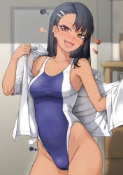 Rule 34 | 1girl, :d, black hair, blurry, blush, breasts, brown eyes, cleavage, color guide, competition swimsuit, covered navel, dark-skinned female, dark skin, depth of field, fang, grin, groin, hair ornament, hairclip, highleg, highleg swimsuit, highres, ijiranaide nagatoro-san, long hair, looking at viewer, medium breasts, nagatoro hayase, one-piece swimsuit, open clothes, open mouth, resized, smile, solo, sweatdrop, swimsuit, upscaled, xiangzi box