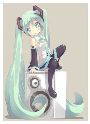 Rule 34 | 1girl, bad id, bad pixiv id, boots, green eyes, green hair, hatsune miku, highres, long hair, matching hair/eyes, necktie, shiitake (mm0820), simple background, sitting, skirt, solo, speaker, thigh boots, thighhighs, twintails, very long hair, vocaloid