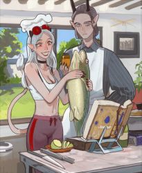 Rule 34 | 1boy, 1girl, animal, apron, avocado, black choker, blue eyes, book, breasts, chef hat, choker, cleavage, commission, demon boy, earrings, fingernails, fish, glasses, hat, highres, holding, holding animal, holding fish, horns, indoors, jewelry, knife, lipstick, long sleeves, looking at viewer, makeup, mossacannibalis, nail polish, open book, original, painting (object), pants, parted lips, pointy ears, red-framed eyewear, red eyes, red lips, red nails, shirt, smile, striped clothes, striped shirt, sunglasses, table, tank top, white apron, white hair