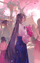 Rule 34 | 1boy, 1girl, blue eyes, bouquet, brown hair, cherry blossoms, child, closed eyes, dress, falling, falling petals, flower, holding, holding bouquet, holding flower, ibuki satsuki, japanese clothes, kimono, lamp, long dress, long hair, long sleeves, looking to the side, open mouth, original, parted bangs, petals, sidelocks, smile, solo, traditional clothes, tree, walking