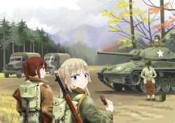 Rule 34 | 4girls, blonde hair, blue eyes, brown hair, chocolate, cloud, day, eating, forest, grass, gun, highres, jerry can, looking at viewer, m24 chaffee, military, military truck, military vehicle, motor vehicle, mountain, multiple girls, nature, original, purple eyes, rifle, saigawa, smoking, soldier, star (symbol), tank, tree, truck, weapon