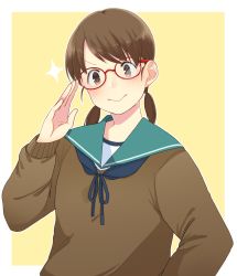 Rule 34 | 1girl, :&gt;, adapted costume, bespectacled, blue neckerchief, blue sailor collar, brown eyes, brown hair, brown sweater, glasses, highres, kantai collection, low twintails, neckerchief, parted bangs, red-framed eyewear, sailor collar, school uniform, serafuku, shirayuki (kancolle), short twintails, solo, sweater, tanaka io (craftstudio), twintails, two-tone background, upper body, yellow background