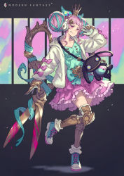 Rule 34 | 1girl, armor, bow, crown, double bun, dripping, english text, frills, fur jacket, gauntlets, greaves, hair bun, headphones, highres, jacket, kusano shinta, long hair, original, parted lips, photoshop (medium), pink bow, pink eyes, pink hair, scissors, shoes, smile, sneakers, socks, solo, stuffed toy, w, weapon, weapon on back, white jacket, zipper, zipper pull tab
