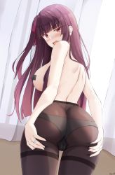 Rule 34 | 1girl, artist name, ass, black panties, blush, breasts, brown pantyhose, butt crack, cameltoe, dimples of venus, embarrassed, from behind, girls&#039; frontline, hair ribbon, hands on own ass, highres, huge ass, keenh, large breasts, leaning forward, long hair, looking at viewer, looking back, nose blush, one side up, open mouth, panties, panties under pantyhose, pantyhose, pasties, purple eyes, purple hair, purple ribbon, ribbon, sideboob, solo, thighband pantyhose, topless, underwear, v-shaped eyebrows, wa2000 (girls&#039; frontline)