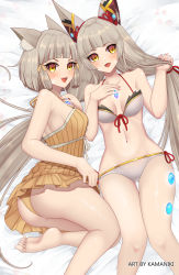 Rule 34 | 2girls, animal ears, ass, blunt bangs, breasts, cat ears, chest jewel, dress swimsuit, dual persona, facial mark, highres, kamaniki, long hair, low twintails, multiple girls, nia (blade) (xenoblade), nia (fancy sundress) (xenoblade), nia (xenoblade), one-piece swimsuit, short hair, silver hair, small breasts, spoilers, swimsuit, twintails, very long hair, xenoblade chronicles (series), xenoblade chronicles 2, yellow eyes, yellow one-piece swimsuit