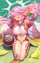 Rule 34 | 1girl, ;d, absurdres, blush, born-to-die, breasts, cake, commentary, covered erect nipples, english commentary, feathered wings, food, hair between eyes, halo, highres, jibril (no game no life), large breasts, leg tattoo, long hair, looking at viewer, low wings, midriff, navel, no game no life, one eye closed, open mouth, pink hair, seiza, sitting, sleeveless, smile, solo, stomach, tattoo, thighs, v, very long hair, wariza, white halo, white wings, wing ears, wings, yellow eyes