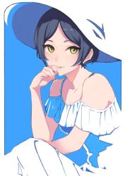 Rule 34 | 1girl, bare arms, bare shoulders, blue background, blue hair, cellomaiko, commentary, dress, earrings, fingernails, hand on own chin, hat, hayami kanade, idolmaster, idolmaster cinderella girls, jewelry, light smile, lips, looking at viewer, parted bangs, short hair, solo, stud earrings, sun hat, white dress, white hat, yellow eyes