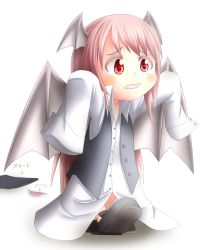 Rule 34 | 1girl, age regression, aged down, arms up, bat wings, blush, bottomless, buttons, child, colored eyelashes, dress shirt, embarrassed, eyebrows, eyelashes, full body, head wings, koakuma, long hair, long sleeves, open mouth, oversized clothes, panties, red eyes, red hair, shirt, shoes, side-tie panties, simple background, skirt, skirt set, sleeves past wrists, solo, striped clothes, striped panties, superhero (artist), tears, touhou, translation request, underwear, unworn panties, unworn skirt, very long hair, vest, white background, white shirt, wings