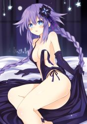 Rule 34 | 1girl, :o, anklet, bare shoulders, bed, blue eyes, blush, braid, breasts, cleavage, clothes pull, collarbone, dress, dress pull, flipped hair, hair between eyes, highres, jewelry, long hair, looking at viewer, medium breasts, neptune (neptunia), neptune (series), open mouth, panties, power symbol, power symbol-shaped pupils, purple hair, purple heart (goddesses&#039; promise), purple heart (neptunia), side-tie panties, sitting, solo, star (symbol), strap slip, symbol-shaped pupils, twin braids, underwear, very long hair, zero (ray 0805)