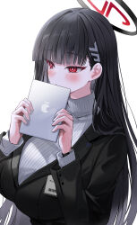 Rule 34 | :o, absurdres, black hair, black jacket, blue archive, blunt bangs, blush, breasts, halo, highres, holding, holding tablet pc, huge breasts, jacket, long hair, looking afar, red eyes, ribbed sweater, rio (blue archive), simple background, straight hair, sweater, tablet pc, upper body, very long hair, white background, white sweater, yuki (asayuki101)