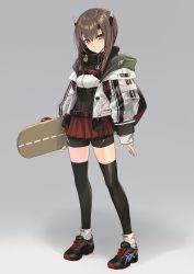 Rule 34 | adapted costume, asics, backpack, bag, bike shorts, black thighhighs, brown eyes, brown hair, corset, full body, hair between eyes, headgear, highres, holding, holding skateboard, jacket, kantai collection, looking at viewer, shoes, short hair, sigm@, simple background, skateboard, skirt, sneakers, socks, socks over thighhighs, solo, taihou (kancolle), thighhighs, white jacket, zettai ryouiki