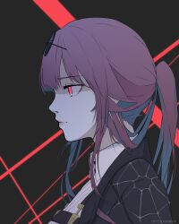 Rule 34 | 1girl, absurdres, artist name, black background, black jacket, collared shirt, eyewear on head, from side, highres, honkai: star rail, honkai (series), jacket, kafka (honkai: star rail), lexielex, lips, long hair, looking ahead, nose, open clothes, open jacket, ponytail, portrait, profile, purple hair, red eyes, shirt, sidelocks, simple background, solo, sunglasses, white shirt