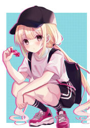 Rule 34 | 1girl, absurdres, backpack, bag, baseball cap, black hat, black shorts, black socks, blonde hair, blue background, blush, brown eyes, candy wrapper, closed mouth, collarbone, commentary request, food, futaba anzu, hair between eyes, hand up, hat, highres, holding, holding food, idolmaster, idolmaster cinderella girls, idolmaster cinderella girls starlight stage, long hair, looking at viewer, low twintails, red footwear, rino cnc, shirt, shoes, short shorts, short sleeves, shorts, socks, solo, twintails, two-tone background, very long hair, white background, white shirt