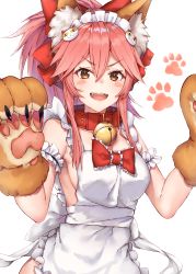 Rule 34 | 1girl, :d, absurdres, animal ear fluff, animal ears, animal hands, apron, bare shoulders, bell, black cola, blush stickers, bow, breasts, brown gloves, brown hair, cat hair ornament, collar, commentary request, fang, fate/grand order, fate (series), fox ears, gloves, hair between eyes, hair bow, hair ornament, heart, heart-shaped pupils, high ponytail, highres, jingle bell, long hair, looking at viewer, maid headdress, medium breasts, naked apron, neck bell, open mouth, paw gloves, pink hair, ponytail, red bow, red collar, sideboob, sidelocks, simple background, smile, solo, symbol-shaped pupils, tamamo (fate), tamamo cat (fate), tamamo cat (third ascension) (fate), white apron, white background