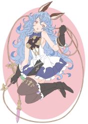 Rule 34 | 1girl, absurdres, animal ears, bad id, bad twitter id, bare shoulders, black footwear, black gloves, blue hair, blue skirt, blush, boots, breasts, brown eyes, brown thighhighs, donguri suzume, dot nose, earrings, ferry (granblue fantasy), full body, gloves, granblue fantasy, head tilt, highres, holding, jewelry, large breasts, long hair, looking at viewer, parted lips, pleated skirt, skirt, solo, thighhighs, whip