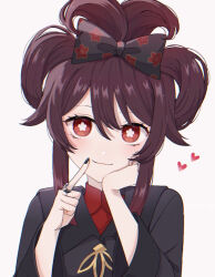 Rule 34 | 1girl, black bow, black coat, black nails, borrowed hairstyle, bow, bright pupils, brown hair, cinnamiku hairstyle, closed mouth, coat, floral print, flower-shaped pupils, genshin impact, hair between eyes, hair bow, hair rings, hands on own face, heart, hu tao (genshin impact), index finger raised, long sleeves, looking at viewer, marodayo 33, orange eyes, print bow, simple background, solo, symbol-shaped pupils, upper body, white background, white pupils