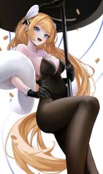 Rule 34 | 1girl, absurdres, animal ears, anizi, aqua eyes, black leotard, black pantyhose, blonde hair, bow, bowtie, breasts, detached collar, fake animal ears, fang, goddess of victory: nikke, hair between eyes, highres, large breasts, leotard, long hair, official alternate costume, open mouth, pantyhose, playboy bunny, pole, pole dancing, rabbit ears, rupee (nikke), rupee (rabbit deluxe) (nikke), sideboob, skin fang, solo, strapless, strapless leotard, stripper pole, teeth, thick thighs, thighs, very long hair, yellow bow, yellow bowtie