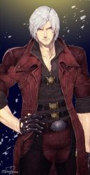 Rule 34 | 1boy, belt, capcom, closed mouth, coat, dante (devil may cry), devil may cry, devil may cry (series), devil may cry 4, facial hair, gloves, highres, jacket, male focus, murata tefu, simple background, solo, white hair