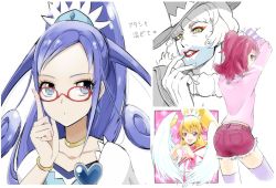 Rule 34 | 1boy, 2girls, 3girls, aida mana, alternate costume, angel wings, artist request, ass, blue dress, blue eyes, blue hair, choker, cure diamond, cure heart, curly hair, dokidoki! precure, dress, dual persona, earrings, eyelashes, glasses, hair flip, hair ornament, half updo, hat, highres, hishikawa rikka, jewelry, leva (dokidoki! precure), lipstick, long hair, magical girl, makeup, multiple girls, non-web source, pink eyes, pink hair, pink legwear, ponytail, precure, shirt, shorts, simple background, sketch, source request, thighhighs, thighs, top hat, translation request, white background, wings